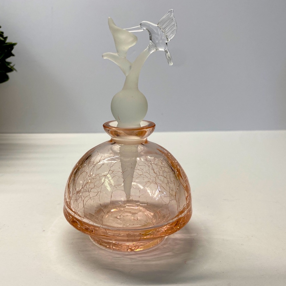 Vintage Pink Frosted Crackle Glass Perfume Bottle With Hummingbird Stopper 6"